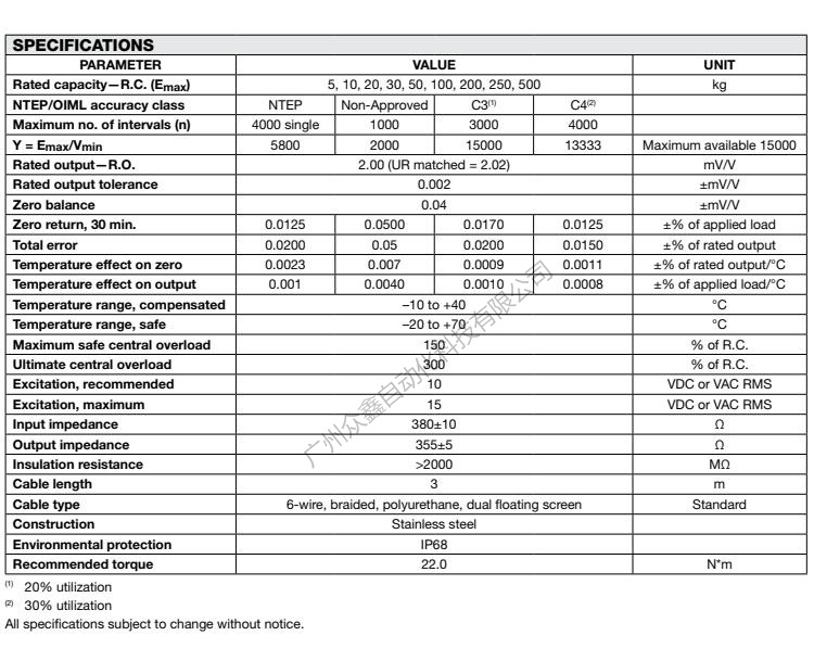 美国特迪亚 355-30kg称重传感器产品技术参数